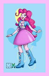 Size: 828x1280 | Tagged: safe, artist:srasomeone, part of a set, pinkie pie, human, equestria girls, g4, blue background, boots, bow, bracelet, breasts, busty pinkie pie, cleavage, clothes, cutie mark background, female, jacket, jewelry, latex, looking at you, open mouth, open smile, raised foot, shiny, shirt, shoes, simple background, skirt, smiling, solo, waistband