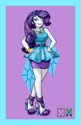 Size: 828x1280 | Tagged: safe, alternate version, artist:srasomeone, part of a set, rarity, human, equestria girls, g4, bracelet, breasts, busty rarity, clothes, cutie mark, cutie mark background, cutie mark on clothes, dress, female, geode of shielding, hairclip, hand on hip, high heels, jewelry, latex, legs, looking at you, magical geodes, open mouth, pencil skirt, purple background, rarity peplum dress, sexy, shiny, shoes, simple background, skirt, smiling, solo, waistband