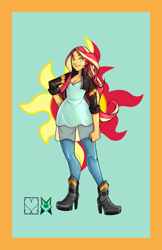Size: 828x1280 | Tagged: safe, alternate version, artist:srasomeone, part of a set, sunset shimmer, equestria girls, g4, blue background, boots, breasts, cleavage, clothes, cutie mark background, female, hand on hip, high heel boots, jacket, latex, leather jacket, leggings, looking at you, shiny, shoes, simple background, smiling, solo