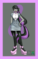 Size: 828x1280 | Tagged: safe, artist:srasomeone, part of a set, octavia melody, human, equestria girls, g4, alternate hairstyle, blouse, bow, bowtie, breasts, busty octavia melody, clothes, cutie mark background, dress, female, gray background, hand on hip, latex, latex dress, long hair, looking at you, open mouth, open smile, pantyhose, platform heels, ponytail, rainbow power, rainbow power-ified, shiny, shirt, simple background, smiling, solo