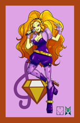 Size: 828x1280 | Tagged: safe, alternate version, artist:srasomeone, part of a set, adagio dazzle, equestria girls, belt, bolero jacket, boots, breasts, busty adagio dazzle, cleavage, clothes, cutie mark background, female, fingerless gloves, gem, gloves, gold, headband, high heel boots, latex, leggings, microphone, pink background, raised leg, romper, shiny, shoes, simple background, singing, siren gem, solo, spiked belt, spiked headband