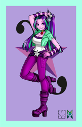 Size: 828x1280 | Tagged: safe, alternate version, artist:srasomeone, part of a set, aria blaze, equestria girls, g4, belt, boots, breasts, busty aria blaze, cleavage, clothes, commission, cutie mark background, female, gem, hand on hip, high heel boots, jacket, latex, lavender background, looking at you, microphone, pants, platform heels, pose, raised leg, shiny, shoes, simple background, siren gem, smiling, solo, top, wristband