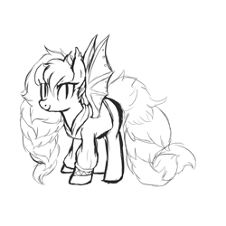 Size: 1000x1000 | Tagged: safe, artist:skulifuck, oc, oc only, bat pony, pony, bat pony oc, bat wings, clothes, lineart, monochrome, simple background, slit pupils, solo, white background, wings