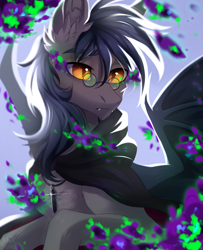 Size: 1513x1860 | Tagged: safe, artist:magicbalance, oc, oc only, oc:midnight measure, bat pony, pony, backlighting, bat pony oc, bat wings, chest fluff, cloak, clothes, colored pupils, crystal, dark magic, ear fluff, fangs, glasses, jewelry, lidded eyes, magic, male, necklace, solo, spread wings, stallion, wings, ych result