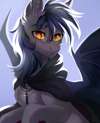 Size: 1513x1860 | Tagged: safe, artist:magicbalance, edit, oc, oc only, oc:midnight measure, bat pony, pony, backlighting, bat pony oc, bat wings, chest fluff, cloak, clothes, colored pupils, crystal, ear fluff, fangs, glasses, jewelry, lidded eyes, male, necklace, solo, spread wings, stallion, wings, ych result