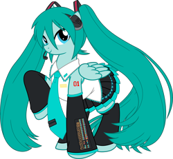Size: 6498x6000 | Tagged: dead source, safe, artist:pink1ejack, pegasus, pony, absurd resolution, anime, clothes, crossover, female, hatsune miku, headphones, headset, hilarious in hindsight, hooves up, japanese, mare, miniskirt, necktie, pigtails, pleated skirt, ponified, raised hoof, simple background, skirt, smiling, solo, species swap, transparent background, twintails, vector, vector trace, vocaloid