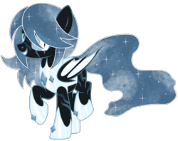 Size: 2581x2042 | Tagged: safe, artist:mint-light, artist:rukemon, oc, oc only, oc:winter's night, bat pony, pony, armor, base used, bat pony oc, bat wings, bedroom eyes, colored sclera, commission, ethereal mane, eye scar, female, grin, high res, hoof shoes, mare, raised hoof, raised leg, scar, simple background, smiling, solo, starry mane, transparent background, wings