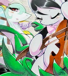 Size: 1818x2048 | Tagged: safe, artist:025aki, octavia melody, earth pony, pony, serperior, g4, bow (instrument), bowtie, cello, crossover, drinking, eyes closed, female, food, mare, musical instrument, playing instrument, pokémon, red eyes, tea, traditional art