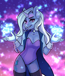 Size: 3000x3500 | Tagged: safe, artist:yashma, trixie, unicorn, anthro, g4, cape, choker, clothes, cuffs (clothes), cutie mark, ear piercing, earring, female, grin, high res, jewelry, leotard, looking at you, magic, mare, necklace, night, piercing, purple leotard, smiling, solo, stars, ych result
