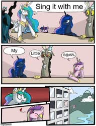 Size: 500x655 | Tagged: safe, discord, princess cadance, princess celestia, princess luna, queen chrysalis, trixie, twilight sparkle, alicorn, changeling, changeling queen, draconequus, pony, g4, angry, censored, censored vulgarity, defenestration, employer meme, exploitable meme, female, floating heart, heart, meme, mountain, one eye closed, wink