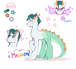 Size: 560x516 | Tagged: safe, artist:kino-ta, oc, oc only, oc:malakite, dracony, hybrid, fire, fire breath, horns, interspecies offspring, male, offspring, parent:rarity, parent:spike, parents:sparity, simple background, solo, stallion, white background