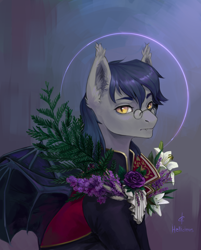 Size: 1528x1896 | Tagged: safe, artist:svelen, oc, oc only, oc:midnight measure, bat pony, pony, bat pony oc, bat wings, bust, cloak, clothes, ear fluff, fancy, fangs, flower, glasses, looking at you, portrait, rose, solo, wings, ych result