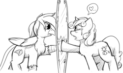 Size: 1280x768 | Tagged: safe, artist:captainhoers, oc, oc:quartz horn, oc:rainbow feather, crystal pony, griffon, hippogriff, pony, unicorn, black and white, cutie mark, female, grayscale, interspecies offspring, lesbian, love confession, magic mirror, magical lesbian spawn, mirror, monochrome, oc x oc, offspring, parent:gilda, parent:rainbow dash, parents:gildash, portal, sad, shipping, trapped