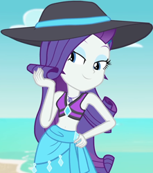 Size: 890x1009 | Tagged: safe, screencap, rarity, equestria girls, equestria girls specials, g4, my little pony equestria girls: better together, my little pony equestria girls: forgotten friendship, beach, beach hat, beautiful, belly button, bikini, bikini top, clothes, cloud, cropped, cute, cutie mark, cutie mark on clothes, diamond, eyeshadow, female, geode of empathy, geode of fauna, geode of shielding, geode of super speed, geode of super strength, hand on hip, hat, jewelry, lidded eyes, magical geodes, makeup, midriff, necklace, outdoors, pose, raribetes, rarity's blue sarong, rarity's purple bikini, sand, sarong, sky, sleeveless, smiling, solo, stupid sexy rarity, sultry pose, sun hat, swimsuit