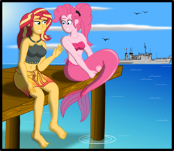 Size: 2300x1988 | Tagged: safe, artist:physicrodrigo, part of a set, pinkie pie, sunset shimmer, bird, mermaid, series:equestria mermaids, equestria girls, g4, barefoot, battleship, belly button, bikini, bikini top, boat, breasts, busty pinkie pie, busty sunset shimmer, cleavage, clothes, cloud, duo, duo female, feet, female, fins, grin, high res, hug, looking at each other, mermaid tail, mermaidized, mexico, midriff, military, navy, ocean, part of a series, pier, ponytail, raised hand, sarong, seashell bra, ship, sitting, smiling, social distancing, species swap, story included, swimsuit, tail hug