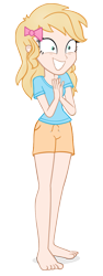 Size: 419x1117 | Tagged: safe, artist:invisibleink, oc, oc only, oc:invisibleinkdoodles, equestria girls, g4, barefoot, bow, clothes, crazy face, faic, feet, quarantine, shirt, shorts, simple background, smiling, solo, t-shirt, transparent background, vector