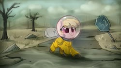 Size: 1920x1080 | Tagged: safe, artist:oofycolorful, oc, oc only, oc:puppysmiles, earth pony, pony, fallout equestria, fallout equestria: pink eyes, fanfic art, hazmat suit, road, road sign, solo, tree