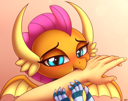 Size: 2900x2300 | Tagged: safe, artist:heavymetalbronyyeah, smolder, dragon, human, affection, bedroom eyes, biting, blue eyes, blushing, claws, clothes, collar, cute, dragoness, female, gloves, hand, heart eyes, horns, looking at you, love bite, nom, offscreen character, offscreen human, pov, smolderbetes, spread wings, teenaged dragon, teenager, wingding eyes
