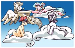 Size: 3812x2444 | Tagged: safe, artist:lrusu, oc, oc only, oc:feather-d, oc:iuth, oc:oofy colorful, oc:tera infomare, pegasus, pony, unicorn, zebra, cloud, high res, on a cloud, sitting, sitting on a cloud