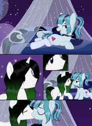 Size: 2500x3400 | Tagged: safe, artist:kim0508, sonata dusk, oc, oc:vex vixen, earth pony, pony, unicorn, g4, bed, bedroom, blue eyes, butt, canon x oc, clothes, collar, comic, green and black mane, high res, kissing, plot, ponified, purple eyes, show accurate, smiling, smirk, socks, stockings, thigh highs, transgender