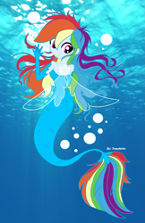 Size: 2335x3607 | Tagged: safe, artist:iamsheila, artist:liaaqila, rainbow dash, mermaid, equestria girls, g4, my little pony: the movie, bubble, digital art, digitalized, female, fin wings, fins, gift art, high res, looking at you, looking back, looking back at you, mermaidized, ocean, real life background, smiling, solo, species swap, underwater, wings