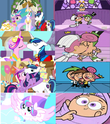 Size: 1352x1516 | Tagged: safe, artist:brandonale, edit, edited screencap, screencap, princess cadance, princess celestia, princess flurry heart, shining armor, twilight sparkle, alicorn, pony, a canterlot wedding, g4, the crystalling, the one where pinkie pie knows, comparison, cosmo, cosmo cosma, lip to lip contact, male, poof (fop), the fairly oddparents, timmy turner, twilight sparkle (alicorn), wanda, wanda fairywinkle