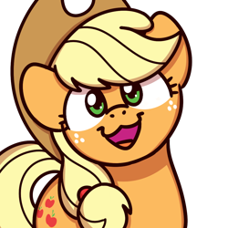Size: 1000x1000 | Tagged: safe, alternate version, artist:sugar morning, applejack, earth pony, pony, g4, :3, bust, cute, female, freckles, hat, jackabetes, looking at you, mare, open mouth, simple background, smiling, solo, sugar morning's smiling ponies, transparent background