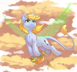 Size: 2700x2512 | Tagged: safe, artist:peachmayflower, oc, oc only, oc:art's desire, pony, unicorn, artificial wings, augmented, basket, high res, magic, magic wings, solo, wings