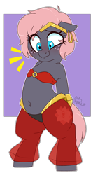 Size: 1265x2385 | Tagged: safe, artist:notenoughapples, oc, oc only, oc:vedalia rose, earth pony, genie, pony, belly button, bipedal, blushing, clothes, cosplay, costume, embarrassed, shantae, simple background, solo, transparent background