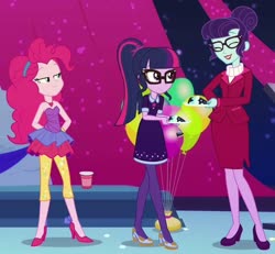 Size: 730x675 | Tagged: safe, edit, edited screencap, screencap, pinkie pie, rosette nebula, sci-twi, twilight sparkle, equestria girls, g4, my little pony equestria girls: better together, twilight under the stars, atomic chocolate cake, bare shoulders, cake, chocolate cake, clothes, cropped, food, high heels, shoes, sleeveless, strapless, sweater, turtleneck