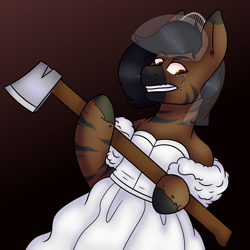 Size: 3000x3000 | Tagged: safe, artist:cinnerroll, oc, oc only, zebra, semi-anthro, arm hooves, axe, clothes, crying, dress, high res, solo, song reference, stripes, weapon, wedding dress, zebra oc