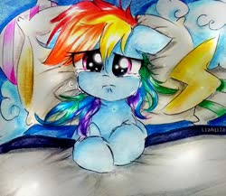 Size: 2672x2322 | Tagged: safe, artist:liaaqila, rainbow dash, pegasus, pony, g4, bed, blanket, crying, female, high res, mare, pillow, sad, solo, traditional art
