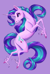 Size: 6000x9000 | Tagged: safe, artist:faline-art, starlight glimmer, classical unicorn, pony, unicorn, g4, absurd resolution, colored hooves, digital art, female, hoers, horn, mare, purple background, rampant, simple background, smiling, solo, unshorn fetlocks