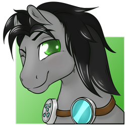 Size: 1620x1620 | Tagged: safe, artist:acry-artwork, oc, oc only, oc:gearspark, earth pony, pony, bust, earth pony oc, goggles, portrait, smiling, smirk, winking at you