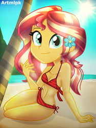Size: 1536x2048 | Tagged: safe, artist:artmlpk, sunset shimmer, equestria girls, g4, adorable face, adorasexy, adorkable, bare shoulders, beach, beautiful, bikini, breasts, chest, cleavage, clothes, cute, digital art, dork, female, flower, flower in hair, hawaii, island, looking at you, ocean, outfit, palm tree, plant, sexy, smiling, smiling at you, solo, swimsuit, tree, two-piece swimsuit, vacation, water