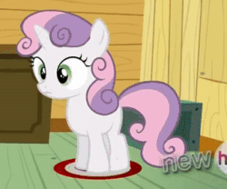 Size: 326x271 | Tagged: safe, screencap, sweetie belle, pony, unicorn, g4, one bad apple, animated, clubhouse, cropped, crusaders clubhouse, female, filly, hub logo, new, sitting, solo, thinking