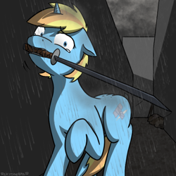 Size: 600x600 | Tagged: safe, artist:skydreams, oc, oc only, oc:skydreams, pony, unicorn, crying, female, impending doom, rain, shocked, sword, vent art, weapon
