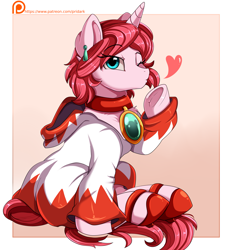 Size: 3069x3365 | Tagged: safe, artist:pridark, oc, oc only, oc:diamond stellar, pony, unicorn, blowing a kiss, chest fluff, choker, clothes, collar, dress, ear piercing, earring, female, final fantasy, heart, high heels, high res, hoodie, jewelry, looking at you, mare, necklace, one eye closed, patreon, patreon logo, patreon reward, pendant, piercing, shoes, sitting, solo, underhoof, white mage, wink