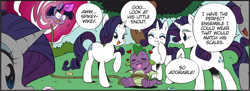 Size: 1954x708 | Tagged: safe, artist:nekoshiei, editor:anonycat, seven seas, rarity, spike, twilight sparkle, dragon, pony, unicorn, g4, my little pony: the manga, my little pony: the manga volume 1, blushing, colored, commonity, cropped, female, heart, lucky bastard, male, mare, multeity, rope, spike gets all the rarities, tied up, winged spike, wings