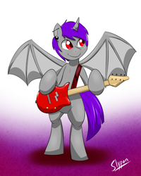 Size: 560x700 | Tagged: safe, artist:slypon, oc, oc only, oc:valik, bat pony, hybrid, pony, unicorn, bat wings, commission, digital art, guitar, horn, male, microphone, musical instrument, solo, stallion, standing, tail, wings