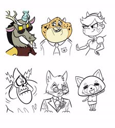 Size: 2500x2796 | Tagged: safe, alternate version, artist:wutthejeff, discord, cat, cheetah, draconequus, human, humanoid, red panda, anthro, g4, aggressive retsuko, aggretsuko, benjamin clawhauser, bone, bust, clothes, female, glasses, high res, lackadaisy, lineart, lord hater, male, mordecai heller, necktie, not done, partial color, police, retsuko, sanrio, six fanarts, skeleton, sketch, smiling, star butterfly, star vs the forces of evil, sunglasses, wander over yonder, waving, wip, zootopia