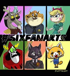 Size: 2500x2714 | Tagged: safe, alternate version, artist:wutthejeff, discord, cat, cheetah, draconequus, human, humanoid, red panda, g4, aggressive retsuko, aggretsuko, benjamin clawhauser, bone, bust, clothes, colored, crossover, female, glasses, high res, lackadaisy, lord hater, male, mordecai heller, necktie, police, retsuko, sanrio, six fanarts, skeleton, smiling, star butterfly, star vs the forces of evil, sunglasses, wander over yonder, waving, zootopia