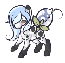 Size: 343x336 | Tagged: safe, artist:skulifuck, oc, oc only, monster pony, original species, piranha plant pony, plant pony, augmented tail, blushing, coat markings, eyes closed, hair over one eye, plant, simple background, socks (coat markings), tongue out, transparent background, watermark
