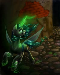 Size: 1024x1280 | Tagged: safe, artist:sizaru, queen chrysalis, changeling, changeling queen, g4, bandage, building, digital art, fangs, female, glowing horn, horn, mare, running, solo, wings