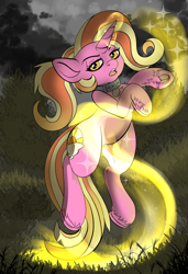 Size: 1920x2813 | Tagged: safe, alternate version, artist:brainiac, luster dawn, pony, unicorn, g4, collar, female, frog (hoof), magic, magic aura, mare, pet tag, solo, underhoof