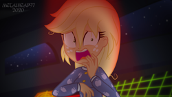 Size: 8000x4500 | Tagged: safe, artist:metalhead97, applejack, comic:applejack gets anal probed, equestria girls, g4, applejack's hat, breasts, clothes, cowboy hat, dark, freckles, hat, nervous, pajamas, scared, scaredy applejack, show accurate, spaceship, this will end in probing