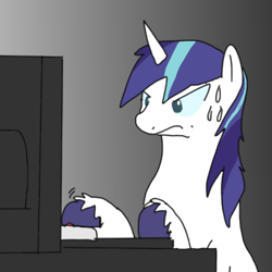 Size: 600x600 | Tagged: safe, artist:kushina13, shining armor, pony, unicorn, g4, angry, computer, gradient background, male, reaction image, solo, stallion, sweat