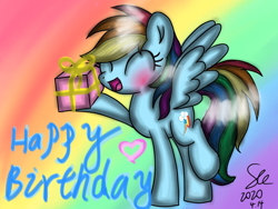 Size: 800x600 | Tagged: safe, artist:starflashing twinkle, rainbow dash, pegasus, pony, g4, backwards cutie mark, birthday, blushing, happy, heart, hooves, laughing, open mouth, present, rainbow, tail, wings
