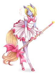 Size: 2176x3000 | Tagged: safe, artist:1an1, oc, oc only, oc:art's desire, unicorn, anthro, unguligrade anthro, bow, broom, clothes, dress, female, heart, high res, mare, shoes, simple background, solo, white background