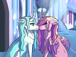 Size: 4000x3000 | Tagged: safe, artist:venommocity, princess cadance, queen chrysalis, changedling, pony, g4, female, high res, lesbian, nuzzling, purified chrysalis, ship:cadalis, shipping